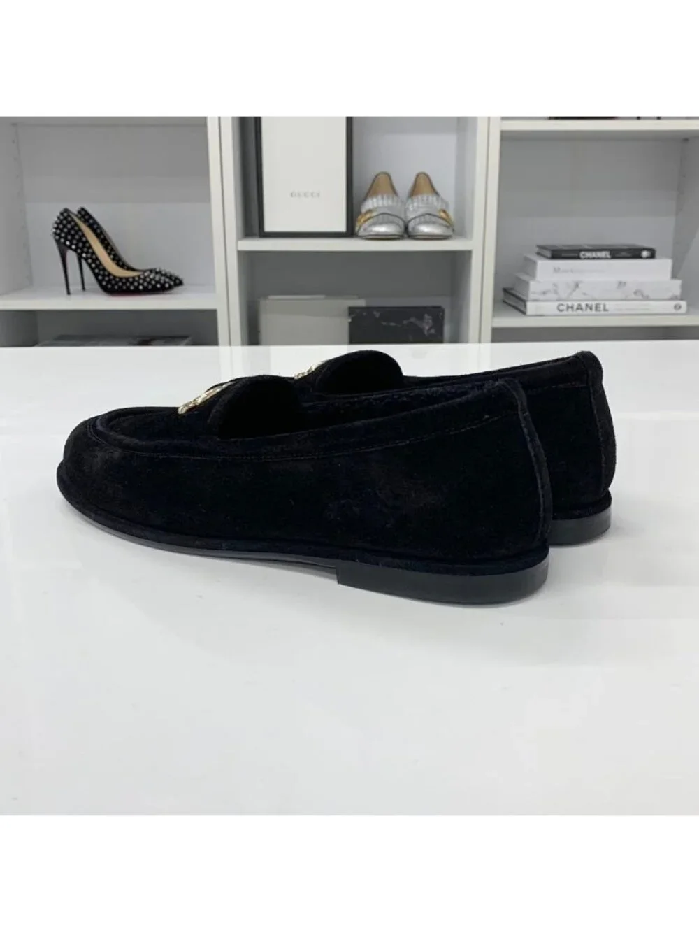 Chanel CC Logo Suede Shearling Flat Shoes Black